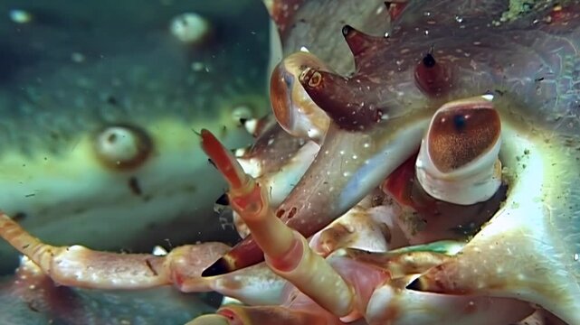 Giant Red King Crab, Paralithodes Camtschaticus, glides through pristine underwater Arctic depths. Its intricate shell and powerful legs are showcased in stunning close detail, creature of ancient ice
