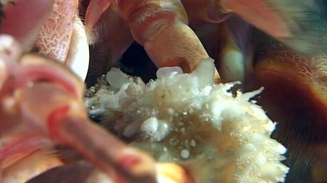 An intimate close-up shows a large Red King Crab, Paralithodes Camtschaticus, within its cold underwater Arctic domain.
