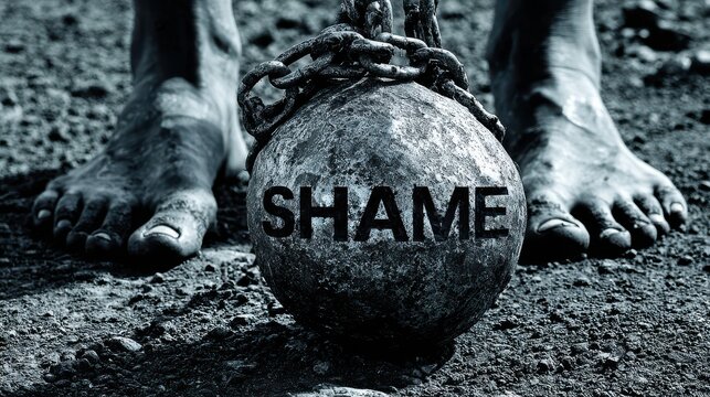 Conceptual representation of emotional burden and guilt showing dirty bare feet with a heavy iron ball engraved with the word SHAME
