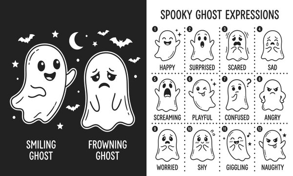 Halloween ghost faces kawaii spooky expressions for seasonal designs