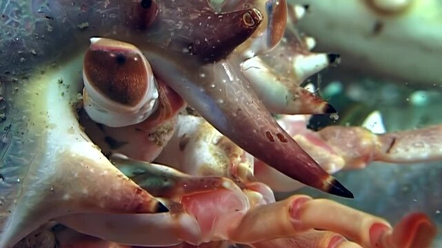A large Red King Crab Paralithodes Camtschaticus displays its intricate mouthparts and appendages with delicate movements in the cold underwater Arctic expanse.