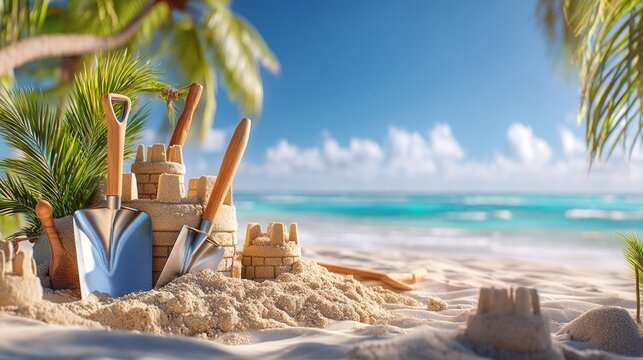 Sandcastle Building Competition Setup at Tropical Beach Paradise