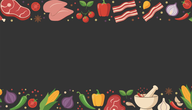 Creative border template composed of healthy ingredients including fresh vegetables and raw meats on a dark background.