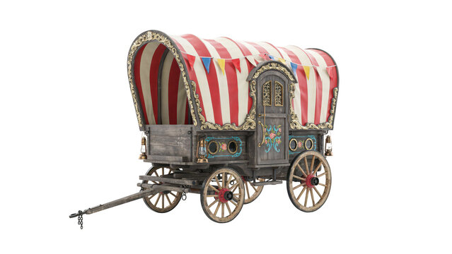 Vintage circus wagon featuring red and white striped canvas roof, colorful bunting flags, wooden wheels, and ornate carvings on transparent