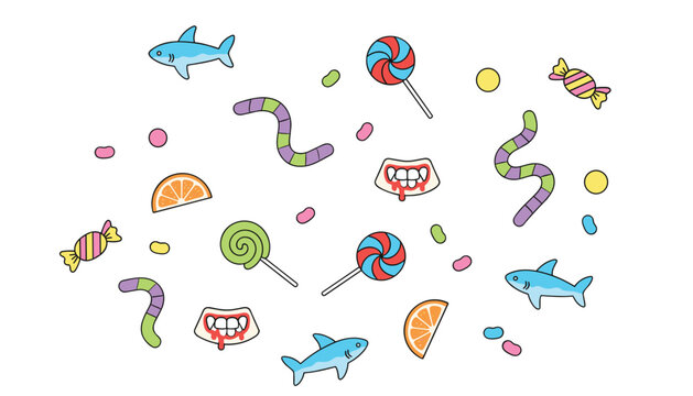 Playful seamless pattern featuring colorful Halloween candies, gummy worms, lollipops, and vampire teeth on white.