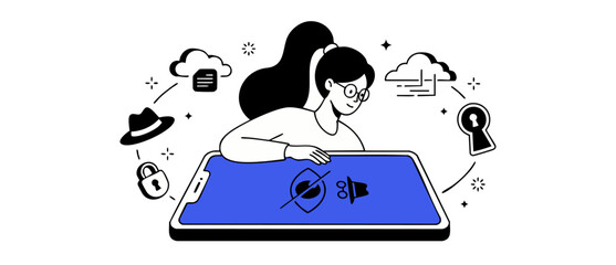 Obraz premium Cybersecurity mobile privacy data protection woman using smartphone to secure personal information from hacker threat, flat vector illustration concept of anonymous identity protection and safety.