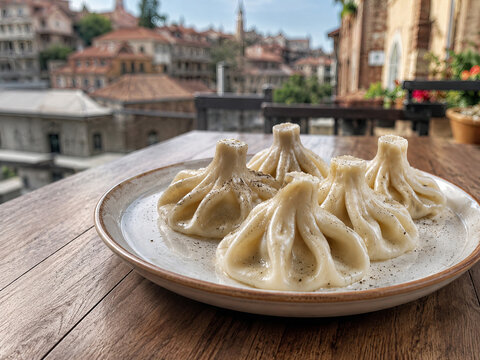  Khinkali georgianos reci&eacute;n cocidos servidos en una terraza con vistas urbanas, mostrando sus caracter&iacute;sticos pliegues y forma tradicional.