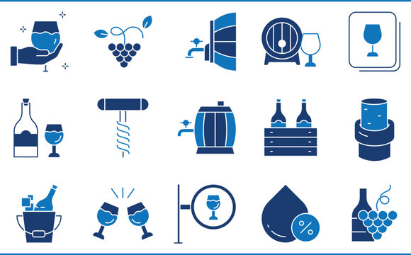 A set of icons related to Wine. Bar, barrel, drinks, menu, grapes, celebrate, and so on.