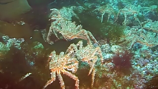 Witness majestic red King Crabs migrating across the frigid Arctic seabed. These regal creatures embark on an epic voyage through deep, cold waters, a breathtaking natural spectacle.