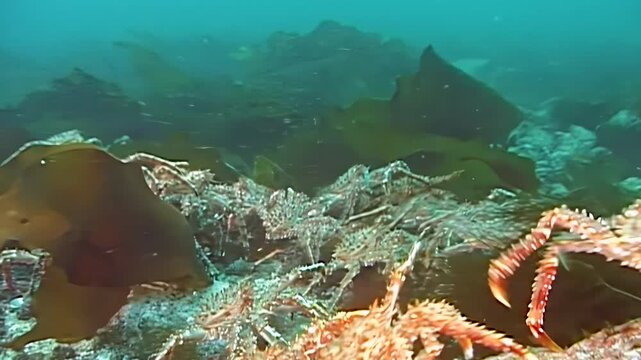 Witness the breathtaking migration of vast red King Crab legions, Paralithodes Camtschaticus, traversing the cold Arctic seabed. A stunning living spectacle unfolds in icy depths.