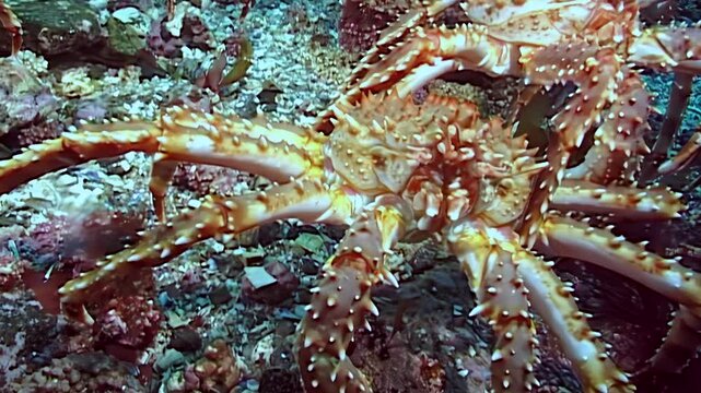 Majestic large red King Crabs, Paralithodes Camtschaticus, embark on their annual migration. They journey across the cold, rocky seabed in the pristine waters of the Arctic, a vital and ancient trek.