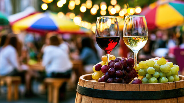 Wine glasses with red and white wine on a wooden barrel at the wine festival, blurred people in the background enjoying wine tasting on the annual city festival 