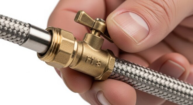 Hand holding metallic valve on flexible hose with braided cover. Valve is used to control fluid flow in plumbing systems. Detailed view of plumbing components for home maintenance and repair.