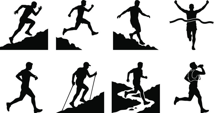 Trail Running and Marathon Runner Silhouette Collection with Outdoor Fitness and Endurance Sports