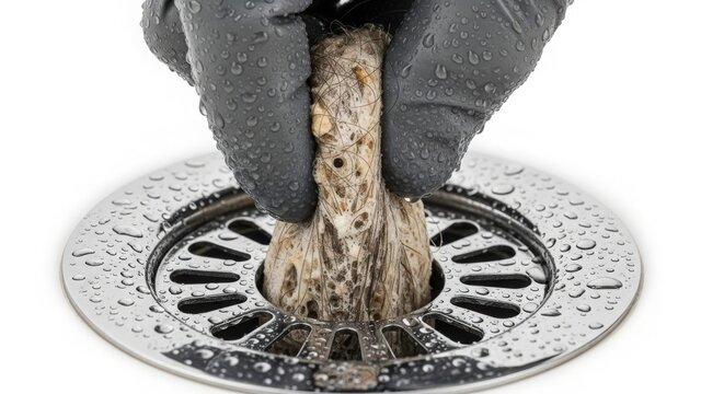 Hand removing clog from sink drain with rubber gloves. The clog includes dirty material and is tightly packed in the drain hole.