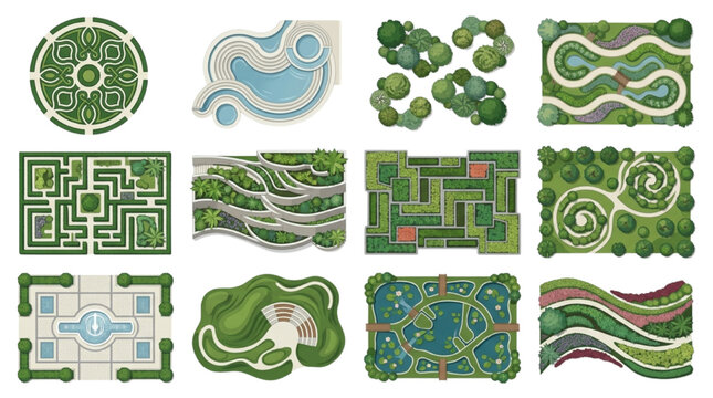 Landscape architecture master plan graphics and garden maze pool vector assets
