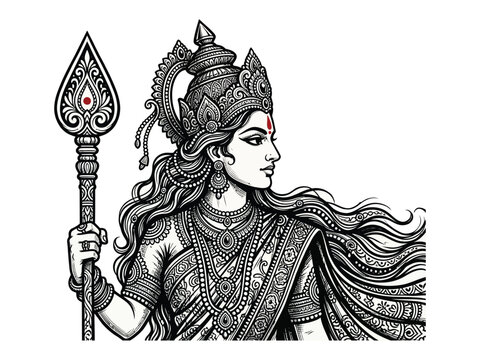Black and white illustration of a hindu goddess holding a spear