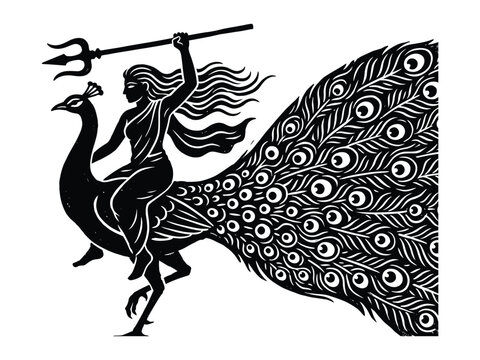 A black and white illustration of a goddess riding a peacock