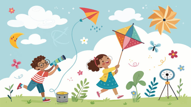 Children explore weather and wind concepts through playful outdoor science activities with kites