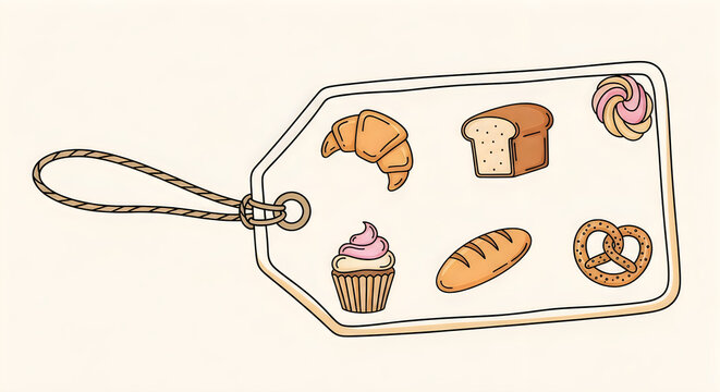 Flat lay illustration of baking ingredients and tools on tag with doodle style