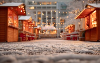 Fototapeta premium Snow-Covered European Christmas Market at Night with Illuminated Stalls