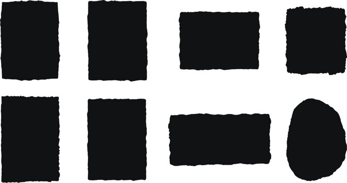 Set of black deckle edge paper sheets and rectangular torn borders isolated on white background