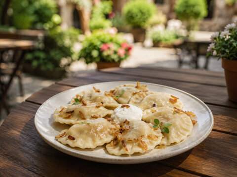  Varenyky ucranianos rellenos de patata, servidos con cebolla frita crujiente, mantequilla y crema agria.