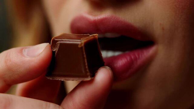 Woman holds chocolate piece close to lips about to enjoy it. Setting shows mouth and fingers with rich chocolate. Concept of confectionery, dessert business, indulgence in sweets