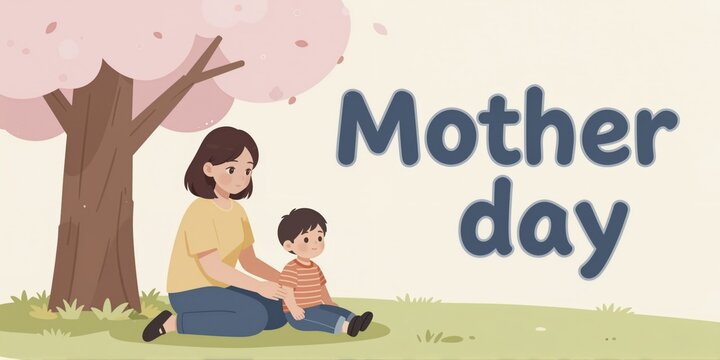 Warm mother and child under a blooming tree in pastel flat illustration
