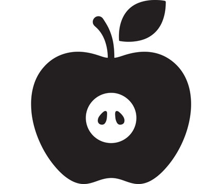 Apple with Face and Leaf Illustration in Black and White Featuring Fruit, Stem, Eyes with Mouth and Simple Elements for Minimalist, Vector Projects