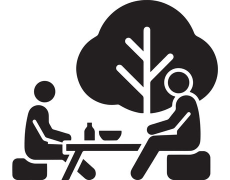 People Sitting at a Table with a Bottle and Bowl Under a Tree Featuring Outdoor, Dining, Eating with Drinking and Friends Elements for Conversation
