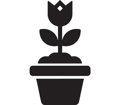 Potted Plant with a Tulip Flower and Two Leaves in a Simple Black and White Design Featuring Minimalist, Home Decor, Garden with Pot and Flowerpot