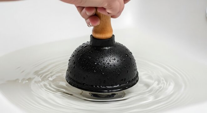 Effective use of plunger for bathroom sink clogs, showing hand holding rubber plunger above water surface. Plunger is essential tool for unclogging sinks and toilets.