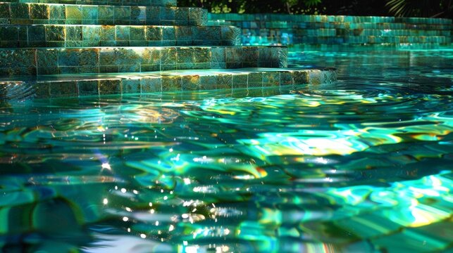 Crystal-clear pool water glows with turquoise light. Staggered mosaic steps reflect shimmering sunlight. Ripples dance across the surface like living emerald glass. Serene stillness invites relaxation