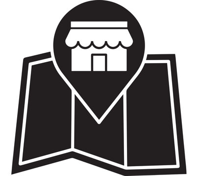 Store Icon with Storefront Awning and Map Pin Outline, Retail Location Symbol for Business Navigation and Online Directory Design