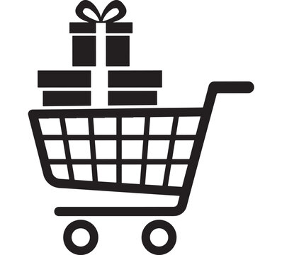 Shopping Cart with Gift Box Icon Symbol for Presents, Discounts and E-Commerce Shopping Concept Featuring Present, Ecommerce, Retail with Purchase