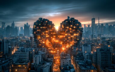 Fototapeta premium 3D Render of a Valentine's Day City Skyline at Night with Heart Shape