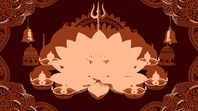 Durga puja festival background with lotus trident and oil lamps