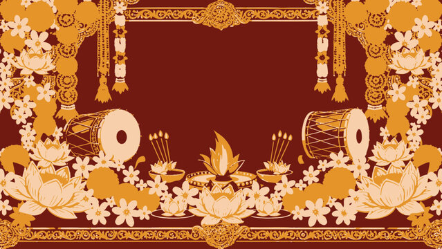 Traditional durga puja festival frame with lotus and dhak