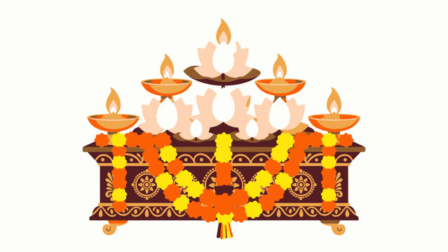 Hindu festival altar with glowing diya lamps and flower garlands
