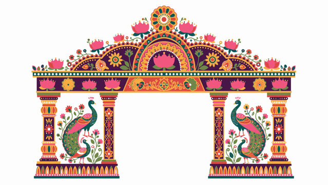 Decorative durga puja festival archway with peacock and lotus motifs