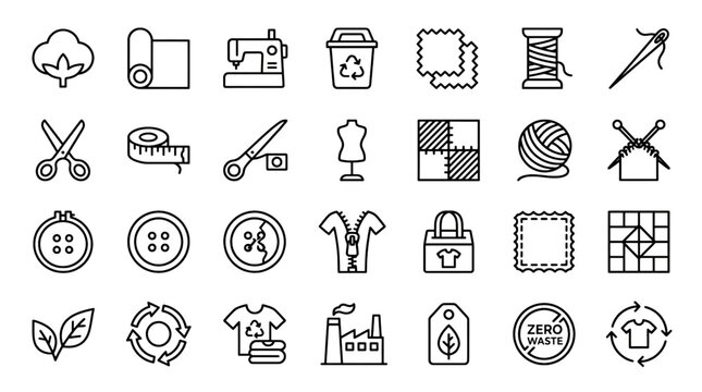 Textile Waste Design Outline Icon Set with Cotton Scrap Fabric Roll Sewing Machine Recycling and Sustainable Fashion Vector Collection