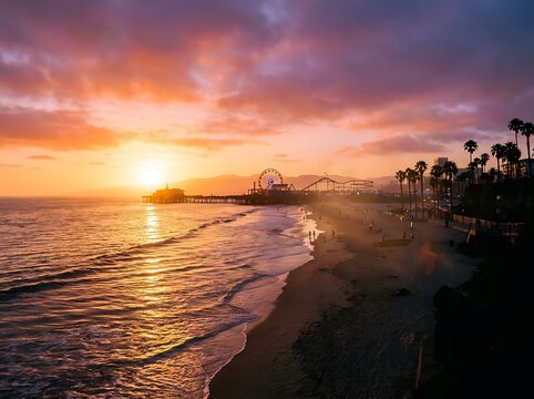 Coastline features a sandy beach at sunset with a pier extending into the ocean under a dramatic purple and orange cloudscape.