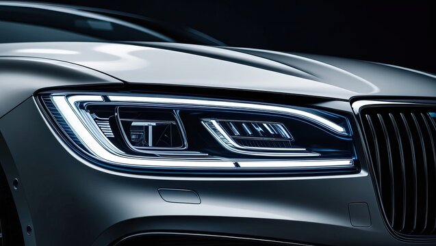 A close-up shot of a modern luxury car LED matrix headlight and chrome grille. automotive lighting design, premium vehicle styling, futuristic car technology.