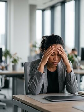 Stressed African American businesswoman sitting at office desk with hands on forehead