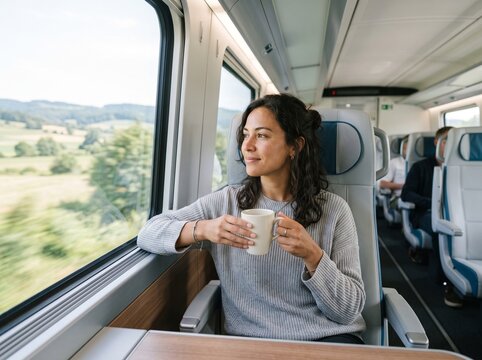 Young woman sitting by a train window holding a cup of coffee and looking at the landscape