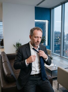 Tired middle-aged businessman loosening his tie in a modern high-rise office at the end of a long day