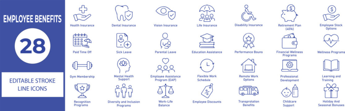 Employee Benefits Vector Outline Icons Set &ndash; HR, Workplace Benefits, Insurance, Payroll and Corporate Line Symbols Collection