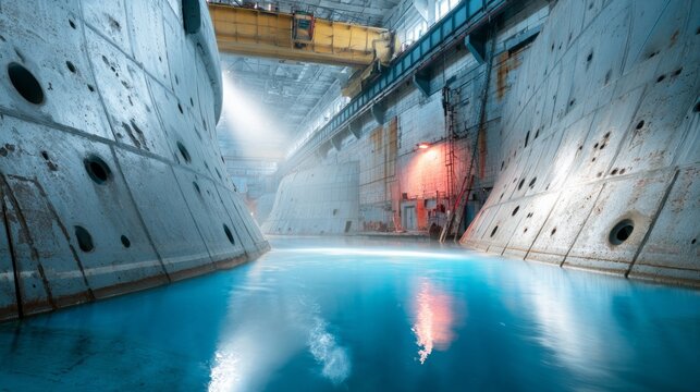 Soviet-Era Nuclear Submarine Dry Dock Facility with Reflective Water Surface