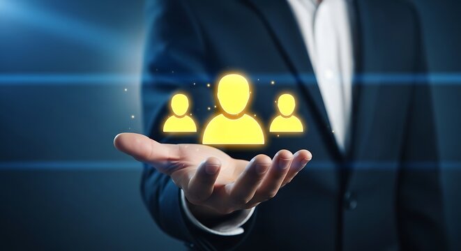 Businessman holding a glowing digital human resources icon in a professional office